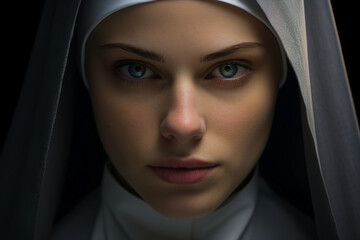 Wall Mural - Mysterious religious person nun priest in church robe serious face expression Generative AI illustration