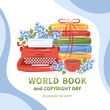 World Book and Copyright Day. Card design for bookshop, library, bookstore, festival or education. Books with spring flowers. Vector illustration
