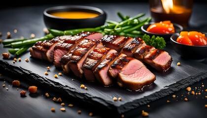 Wall Mural - grilled duck breast on black slate plate
