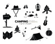Camping hand drawn elements solid icon vector design style set of tent, map, bonfire, torch, oil lamp, hat, compass, guitar.