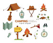Camping hand drawn elements filled outline icon vector design style set of tent, map, bonfire, torch, oil lamp, hat, compass, guitar.