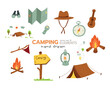 Camping hand drawn elements flat icon vector design style set of tent, map, bonfire, torch, oil lamp, hat, compass, guitar.