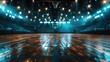 Illuminated Empty Basketball Court in Stadium with Spotlight