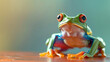 Red-eyed tree frog perched on a wooden surface, striking colors and detail