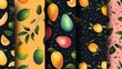 Simple, ripe mango fruits, a mix of whole and sliced, are put together in a seamless pattern over a dark backdrop and space, Generative AI.