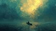 Conceptual artwork portraying a man adrift on a canoe in the middle of the sea, exploring the themes of solitude and inner reflection.