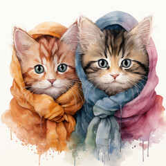 Watercolor Colorful Kittens with Scarf Illustration, Generative Ai