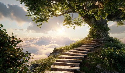  Enchanted forest staircase leading to a heavenly sunrise