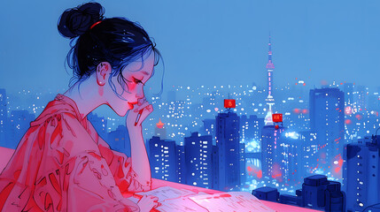 Illustration of a pensive anime woman with a pen, gazing over a neon-lit urban skyline at night