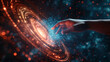© YOUCEF - hand fingers touch a spinning vortex hologram display of light and data  ,abstract modern technology screen computer concept, glowing button on virtual screen , data flow visualization backgrounds