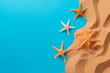 starfish on sand and blue background. Copy space