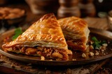 Fototapeta  - B'stilla or Bastilla, a Savory Moroccan Chicken Pie, Pastilla Pigeon Pie Topped with Almonds and Powdered Sugar