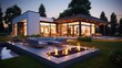modern residential building with fire place and swimming pool in garden in the evening