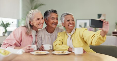 Poster - Selfie, senior women and friends with coffee, smile or picture for memory of tea party. Female people, reunion or elderly citizens together for video call, relax or brunch for eating, love or at home