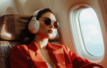 A woman wearing sunglasses and headphones is sitting in an airplane seat