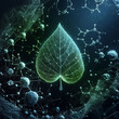 Leaf with 3d rendered illustration of dna and molecules floating in space. Suitable sustainability and technology concepts