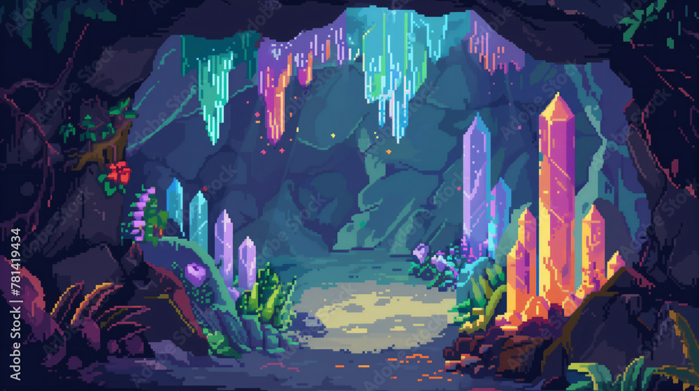pixel art of rainbow crystal cave dungeon background battle scene in RPG old school retro 16 bits, 32 bits game style