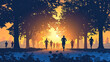 Silhouettes of people jogging in a park at sunset with vibrant orange sky. Healthy lifestyle and outdoor exercise concept. Design for fitness and wellness promotion