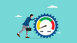 © Vanz Studio - poor work performance concept illustration, laziness at work which prevents a business from developing or growing, sad businessman leaning on cogwheel gear with low productivity level meter