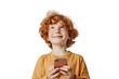 Redhead Boy with Phone on Transparent Background