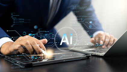 Fototapete - Businessman use artificial intelligence AI technology for enhanced work efficiency data analysis and efficient tools, Unlocking work potential with AI solutions chatbot help solve work problems.