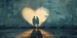Silhouetted Couple Casting Heart Shaped Shadow in Atmospheric Landscape