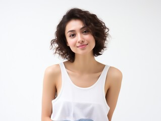 pretty Asian model wearing white tank top smiling with clean flawless skin, skincare and healthy theme concept, Generative Ai