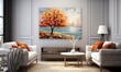 cozy living room minimal style with one picture frame oil painting nature scenery, wall painting mock up idea, Generative Ai