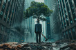A solemn man stands with an axe facing the last tree amidst the ruins of a devastated urban landscape.