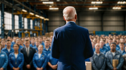 Democrat politician stands tall amidst a sea of supporters at rally. Back view of presidential candidate delivering a speech to factory workers