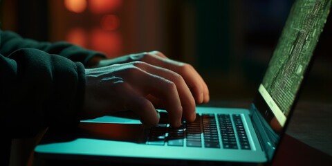 Hands of hacker coding computer virus on laptop, symbolizing cybersecurity and data protection. Generative AI.