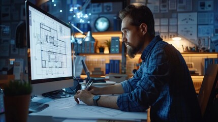Over the Shoulder Shot of Engineer Working with CAD Software on Desktop Computer, Screen Shows Technical Drafts and Drawings. In the Background Engineering Facility Specialising on Industrial Design