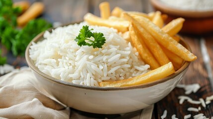 Canvas Print - Bowl rice fries table