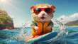cute hamster rides on a surfboard