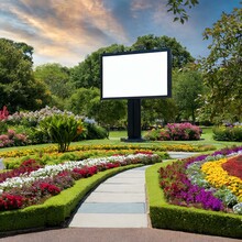 A.blank Billboard Prominently Positioned Amidst Lush Greenery And Colorful Flower Beds The Billboard Stands As A Prime Advertising Space Or Public Information Board, Offering Endless Opportunities For