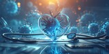 Fototapeta  - Abstract digital heart with bacterial shapes on the background of medical equipment, stethoscope and office desk