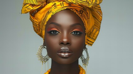 Wall Mural - black fashion model in yellow turban, beauty makeup, glossy lips and gold jewelry, isolated on white