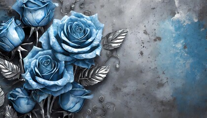 Background with an old cracked wall, gold and silver elements and flowers, lilies and roses in different colors