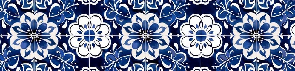  A seamless pattern with blue and white vintage tiles. Blue and white geometric pattern tile with floral decoration for wall background or floor. Background of traditional Moroccan mosaic tiles in blue