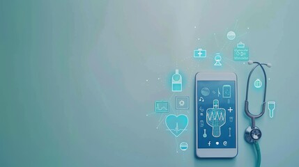 Leinwandbilder - E-health or telemedicine concept, graphic of health care application on device with medical icons