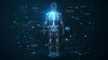 Leinwandbilder - Medical or health care technology concept of digital body analysis interface on a human body shape
