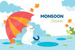 Flat monsoon season background with cat and umbrella