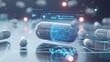 Pharmaceutics technology or medical health care concept, realistic pill with science analysis interface