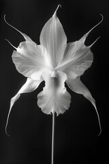 Monochrome fine art macro photo: white ghost orchidagainst a black background