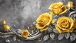 Background with an old cracked wall, gold and silver elements and flowers, lilies and roses in different colors