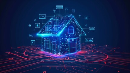 Aufkleber - Conceptual image of a smart home, showing an electronic pattern on the exterior of the house