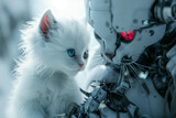 Fototapeta  - A scary cyborg with the red eyes and a cute little kitty with the blue eyes and long white fur