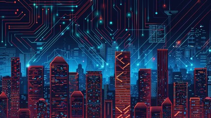 Fototapete - Smart city concept, graphic of buildings combined with electronic pattern.