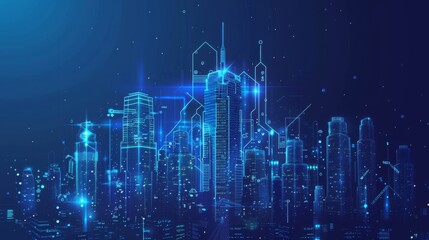 Fototapete - IoT technology concept, smart city concept, futuristic industry image, graphic of buildings