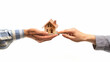 Two people are holding a small wooden house and a key